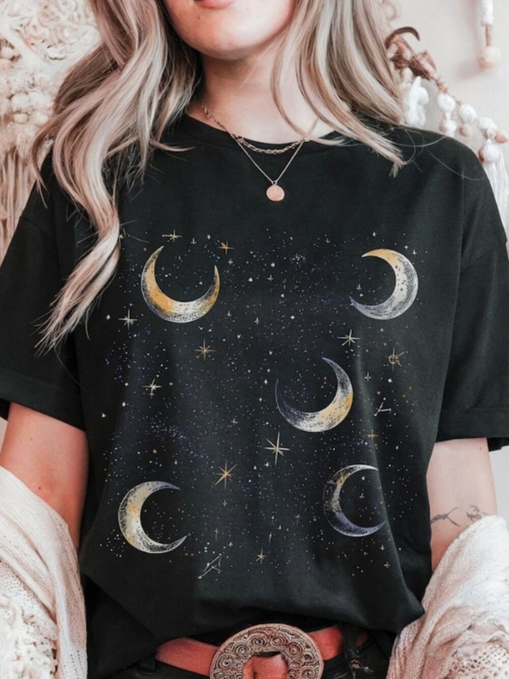 Celestial Moon Phases Graphic Tee, Mystical Dark Academia Shirt